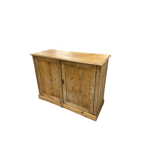 821 - A pine side cabinet, the pair of panelled doors enclosing a shelved interior, on a plinth base, 122c... 