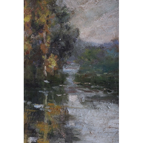 179 - Impressionist school - Autumn River Scene - indistinctly signed lower right, oil on board, framed, 2... 