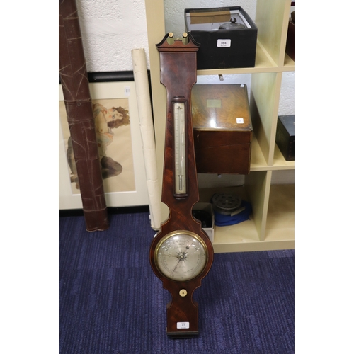 97 - A 19th century barometer thermometer, the silvered dial signed 'J Sutherland Derby', 93cms high.