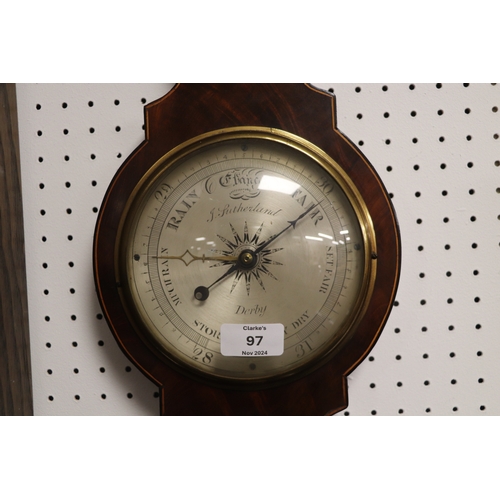 97 - A 19th century barometer thermometer, the silvered dial signed 'J Sutherland Derby', 93cms high.