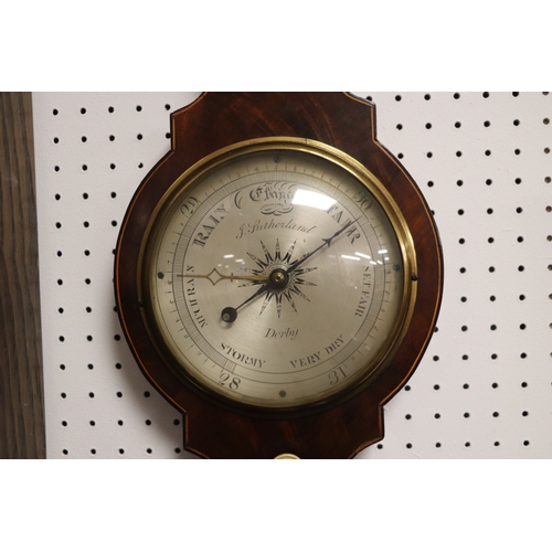 97 - A 19th century barometer thermometer, the silvered dial signed 'J Sutherland Derby', 93cms high.