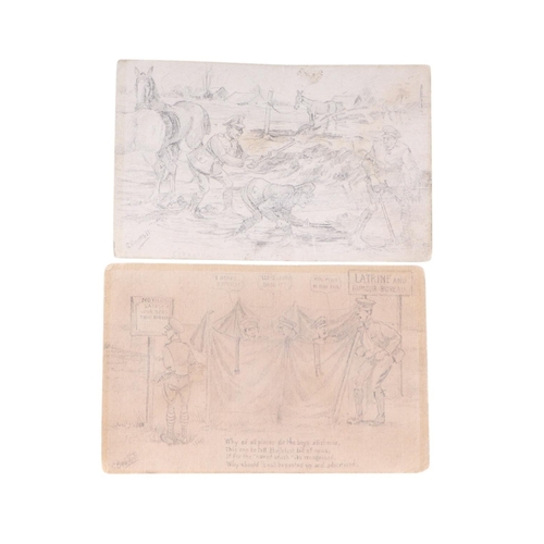 102 - A group of WWI comical pencil sketches on postcards depicting life in the trenches, all signed 'G Be... 