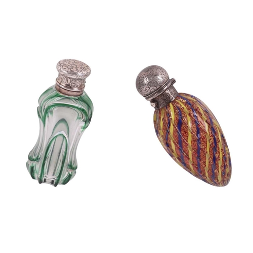 1109 - A Victorian unmarked silver ribbed glass scent bottle with internal blue, yellow and gilt cranberry ... 