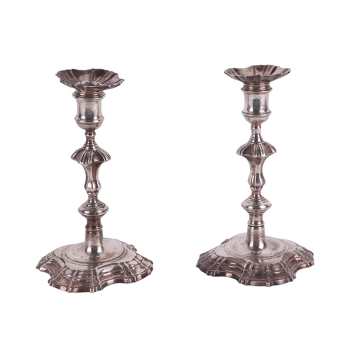 1112 - A good pair of cast silver George II candlesticks, London 1750 and makers mark for John Cafe, with d... 