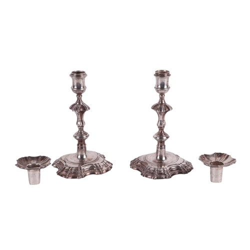 1112 - A good pair of cast silver George II candlesticks, London 1750 and makers mark for John Cafe, with d... 