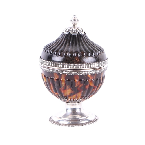 1142 - A late Victorian silver and tortoiseshell string box in the form of an urn and cover, London 1889, 1... 