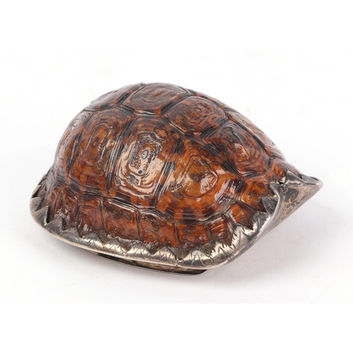 1168 - Taxidermy.  A Victorian white metal mounted tortoise carapace snuff box presented to 'Mr Geo W Harri... 