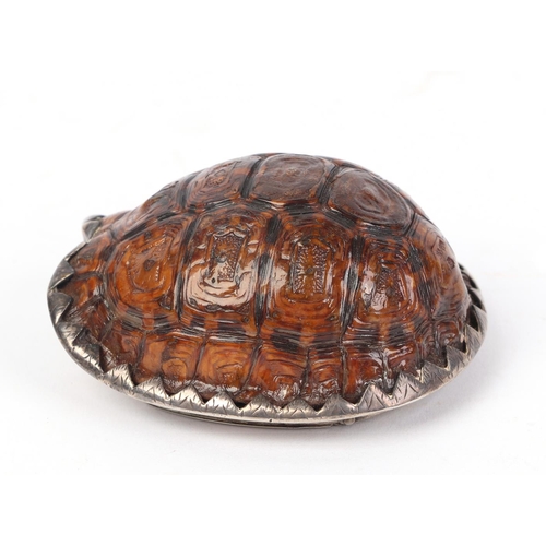 1168 - Taxidermy.  A Victorian white metal mounted tortoise carapace snuff box presented to 'Mr Geo W Harri... 