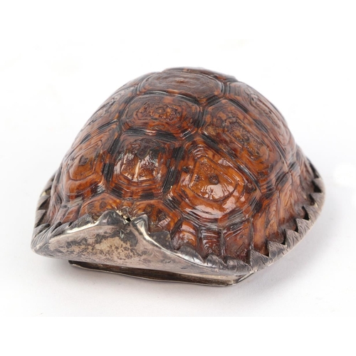 1168 - Taxidermy.  A Victorian white metal mounted tortoise carapace snuff box presented to 'Mr Geo W Harri... 