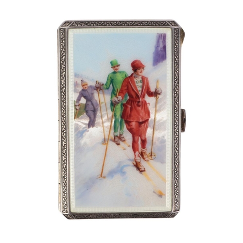 1172 - An Art Deco silver and enamel cigarette case, the top decorated with an alpine scene, London import ... 