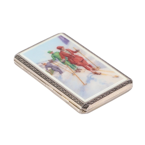 1172 - An Art Deco silver and enamel cigarette case, the top decorated with an alpine scene, London import ... 