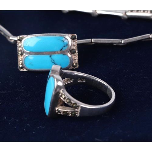 1176 - A 95 sterling silver turquoise enamel set suite of jewellery to include necklace, bracelet, earrings... 