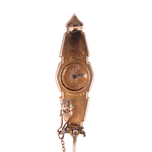 1178 - A Victorian 9ct gold bar brooch, 2.2g; together with a yellow metal and diamond stick pin, .8g, case... 