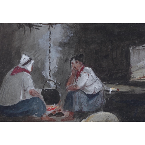 125 - 19th century continental school - Interior Scene with Two Women Cooking Around an Open Fire - waterc... 