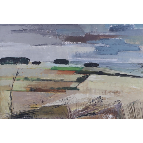 136 - Leslie Cole (20th century British) - Cornfields, Wiltshire - signed lower right, oil on board, frame... 