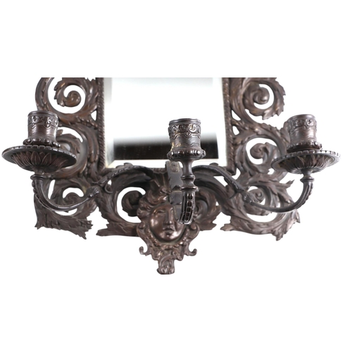 1637 - A pair of bronze mirror backed three-arm wall sconces, 27cms by 44cms (2).