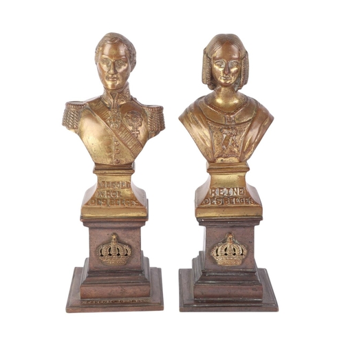 1638 - A pair of continental gilt bronze busts, Reine des Belges and Leopold I Roi des Belges, raised on cr... 