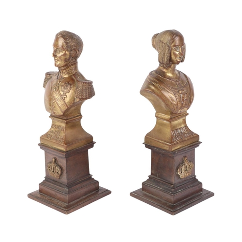 1638 - A pair of continental gilt bronze busts, Reine des Belges and Leopold I Roi des Belges, raised on cr... 