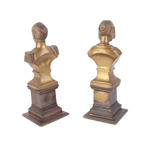 1638 - A pair of continental gilt bronze busts, Reine des Belges and Leopold I Roi des Belges, raised on cr... 