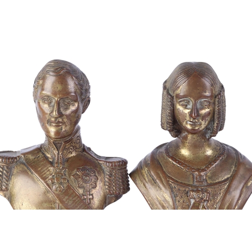 1638 - A pair of continental gilt bronze busts, Reine des Belges and Leopold I Roi des Belges, raised on cr... 