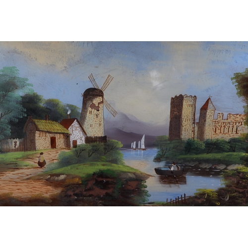 165 - 19th century school - a reverse painting on glass depicting a river landscape scene with windmill an... 