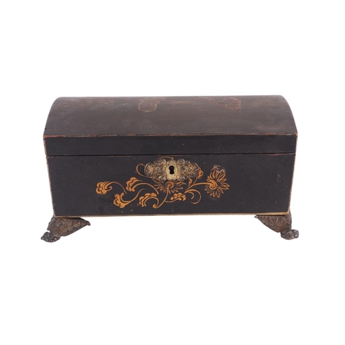 1695 - A 19th century dome topped casket with chinoiserie decoration and pressed brass lion paw feet, 27cms... 