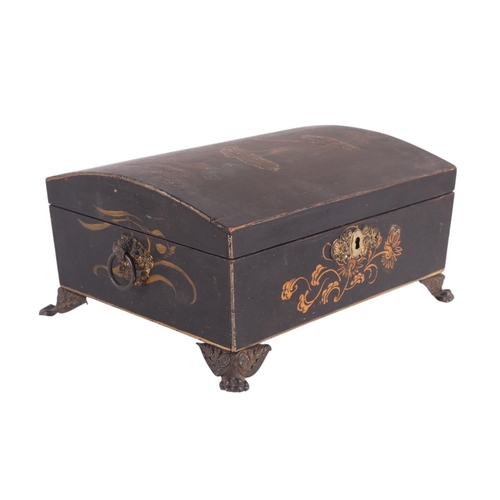 1695 - A 19th century dome topped casket with chinoiserie decoration and pressed brass lion paw feet, 27cms... 