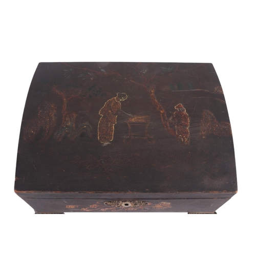 1695 - A 19th century dome topped casket with chinoiserie decoration and pressed brass lion paw feet, 27cms... 