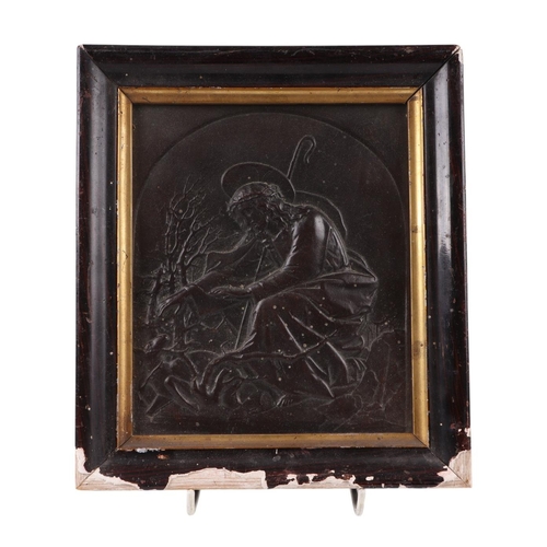 1699 - A 19th century cast bronze plaque depicting Jesus Christ and a lamb, framed, 15 by 18.5cms.Condition... 