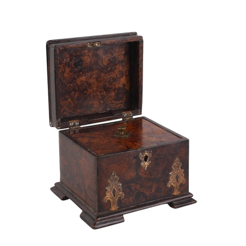 1708 - An early 19th century papier-mâché faux burr walnut painted tea caddy with internal lid and brass mo... 