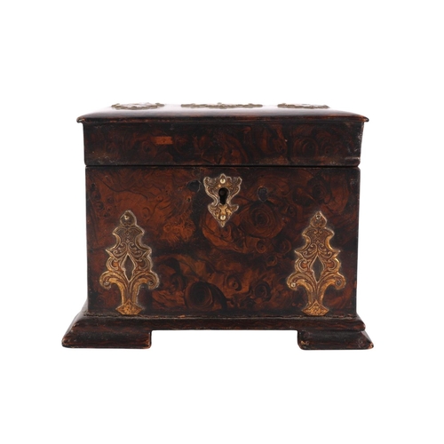 1708 - An early 19th century papier-mâché faux burr walnut painted tea caddy with internal lid and brass mo... 