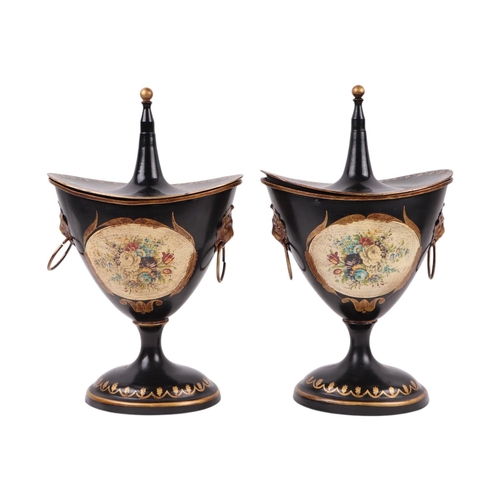 1709 - A pair of Italian toleware chestnut vases and covers with floral decoration and lion mask handles, 3... 