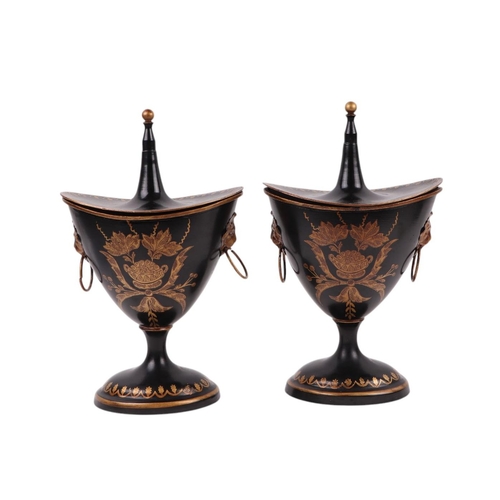 1709 - A pair of Italian toleware chestnut vases and covers with floral decoration and lion mask handles, 3... 