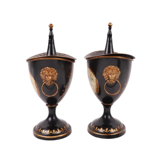 1709 - A pair of Italian toleware chestnut vases and covers with floral decoration and lion mask handles, 3... 