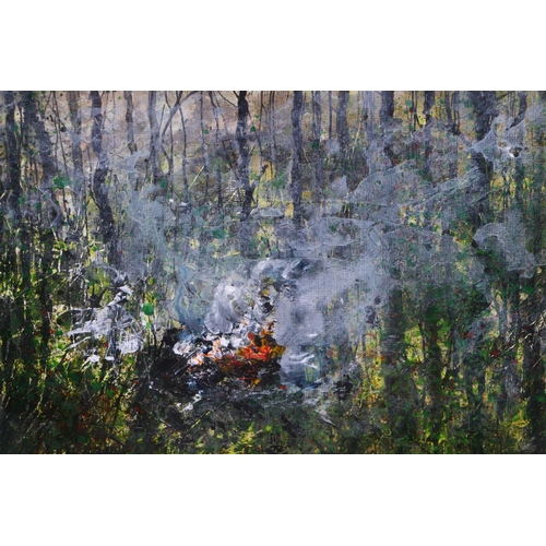 177 - Tim Mullins (modern British) - Bonfire in the Woods - mixed media, signed lower right and titled low... 