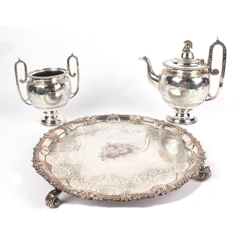 1815 - A Victorian silver plated three-piece tea and coffee set; together with a pair of three-branch silve... 