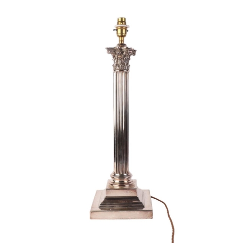 1821 - A large silver plated Corinthian column table lamp on square stepped base, 48cms high excluding fitm... 