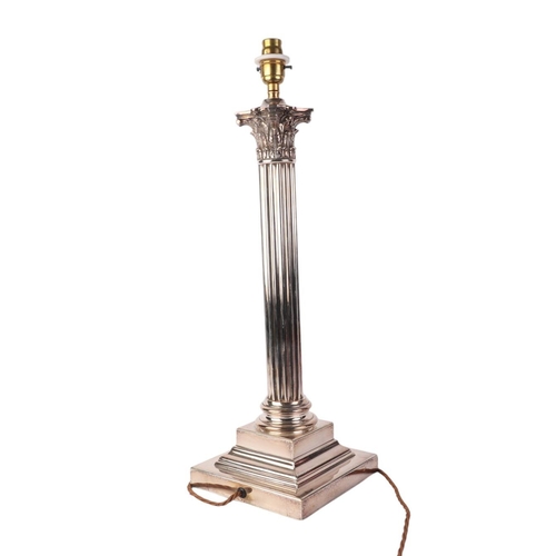 1821 - A large silver plated Corinthian column table lamp on square stepped base, 48cms high excluding fitm... 