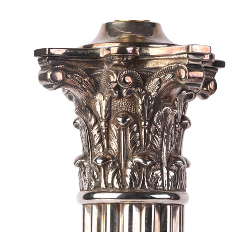 1821 - A large silver plated Corinthian column table lamp on square stepped base, 48cms high excluding fitm... 