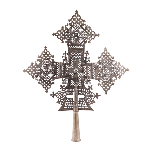 1822 - An Ethiopian Coptic silver plated processional cross, 77cms high.