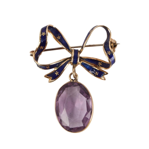 1936 - An 18ct gold and blue enamel bow brooch with amethyst pendant drop, 3.5cms wide, 6.4g.