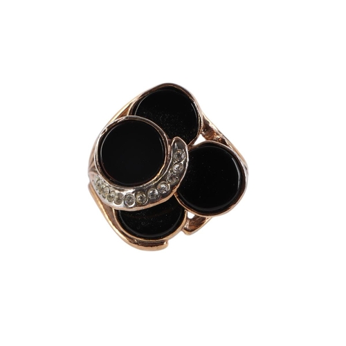 1939 - A 14k rose gold plated onyx and white stone set cocktail ring, approx UK size R, 8.4g.