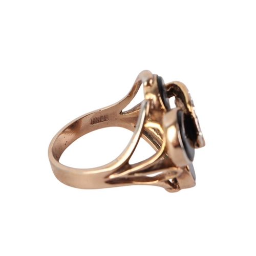 1939 - A 14k rose gold plated onyx and white stone set cocktail ring, approx UK size R, 8.4g.