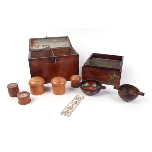 2282 - A 19th century yew wood two-division tea caddy, 18cms wide; together with an Art Nouveau painted box... 