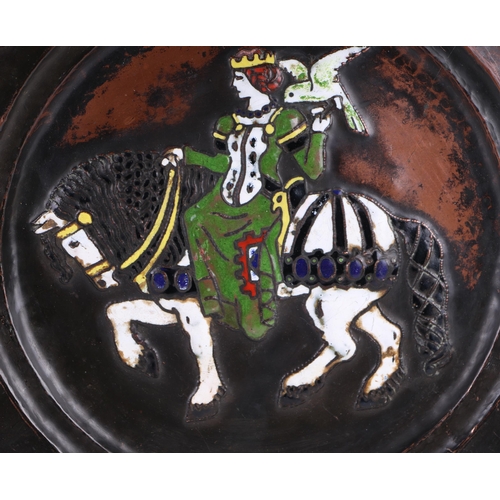 243 - A matched pair of Russian beaten copper and polychrome enamel dishes decorated with a princess ridin... 