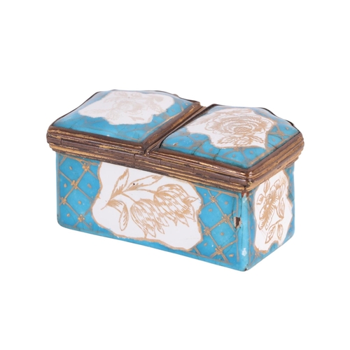 248 - An 18th century German double lidded enamel snuff box decorated with gilded flowers, on a turquoise ... 