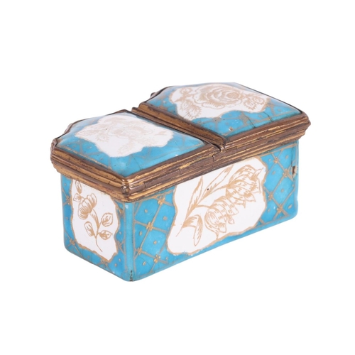 248 - An 18th century German double lidded enamel snuff box decorated with gilded flowers, on a turquoise ... 