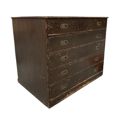 2526 - An early 20th century stained pine plan chest with five long drawers having inset brass handles, 117... 