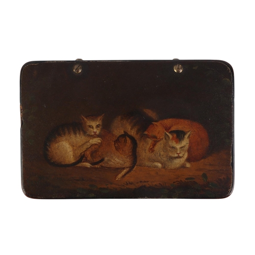 253 - An early 19th century English papier-mâché snuff box, the lid painted with sleeping and playing cats... 