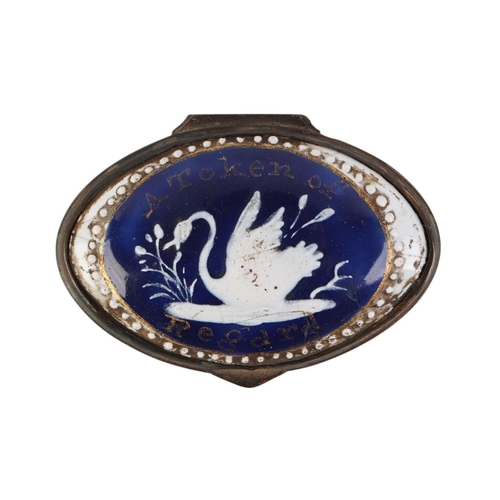 254 - An 18th century navette shaped Staffordshire patch box, the top decorated in relief with a swan with... 